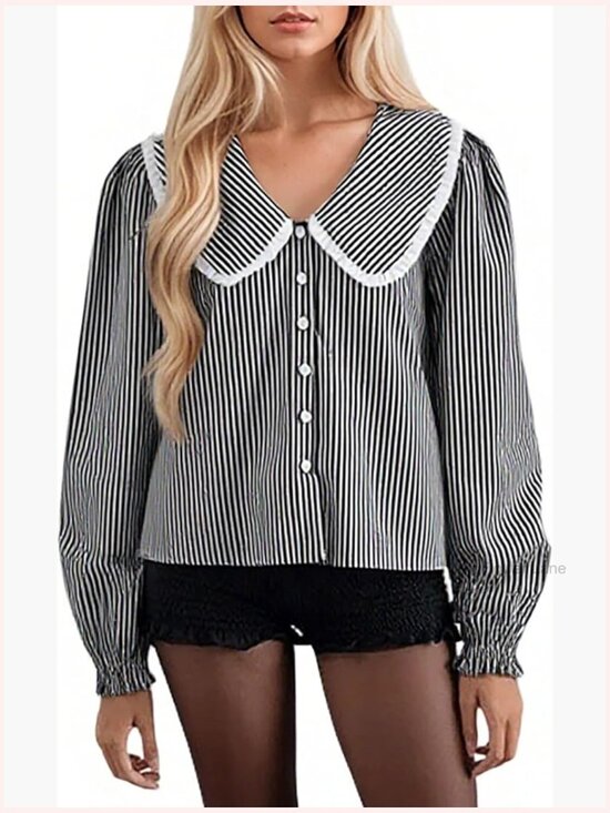 Tops - Striped V-Neck Button Down Blouse Long Puff Sleeve Babydoll Top